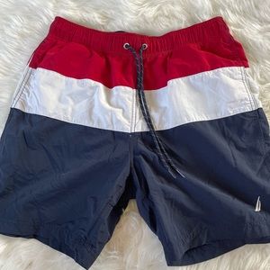 NAUTICA MENS RED WHITE AND BLUE SWIM TRUNKS